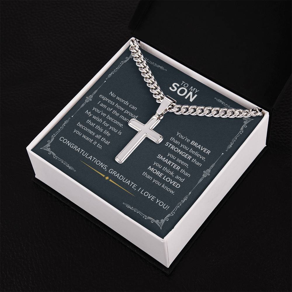 To My Son | Graduation Gift for Son | Artisan Cross Necklace on Cuban Chain | Graduation Gift for Him