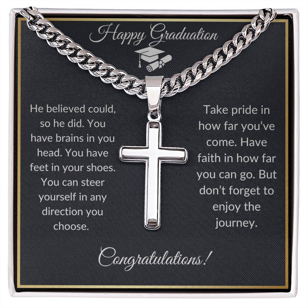 Graduation Gift: Cuban Link Chain with  Artisan Cross Pendant | Symbol of Faith & Achievement | Gifts for Him