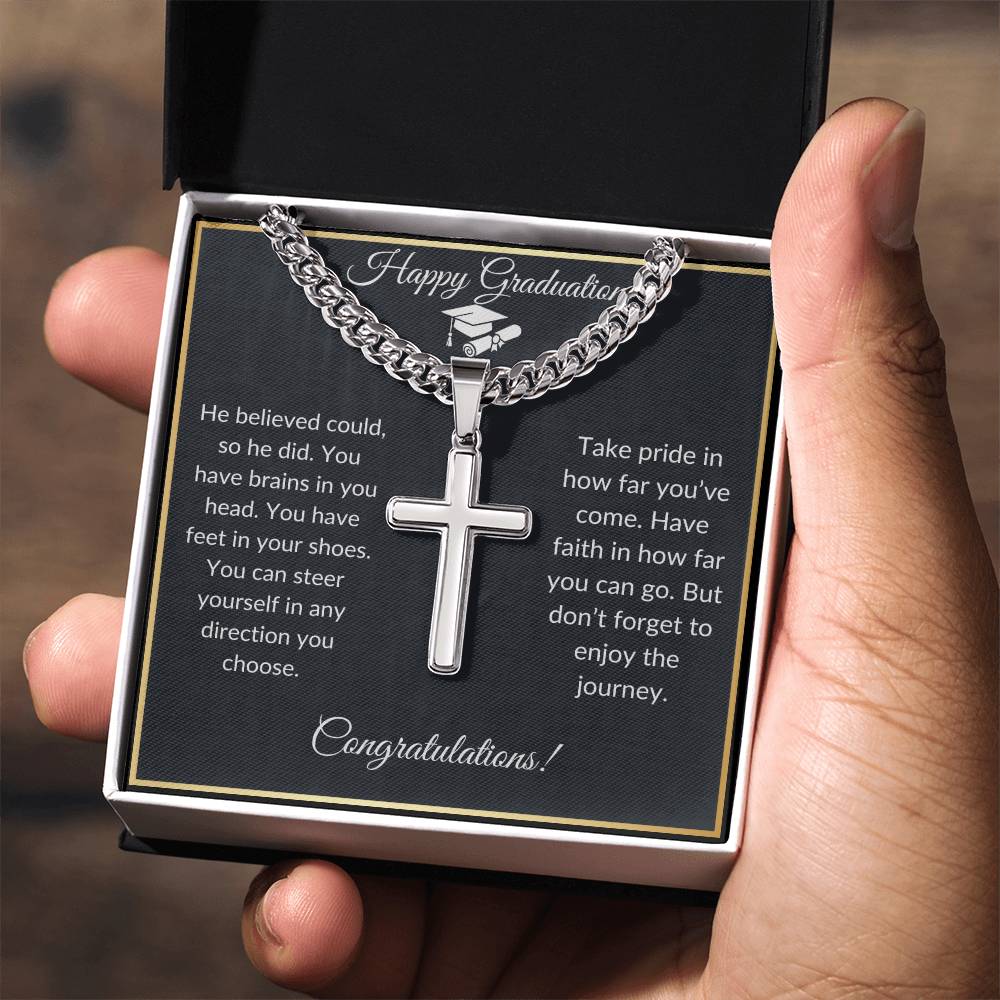 Graduation Gift: Cuban Link Chain with  Artisan Cross Pendant | Symbol of Faith & Achievement | Gifts for Him