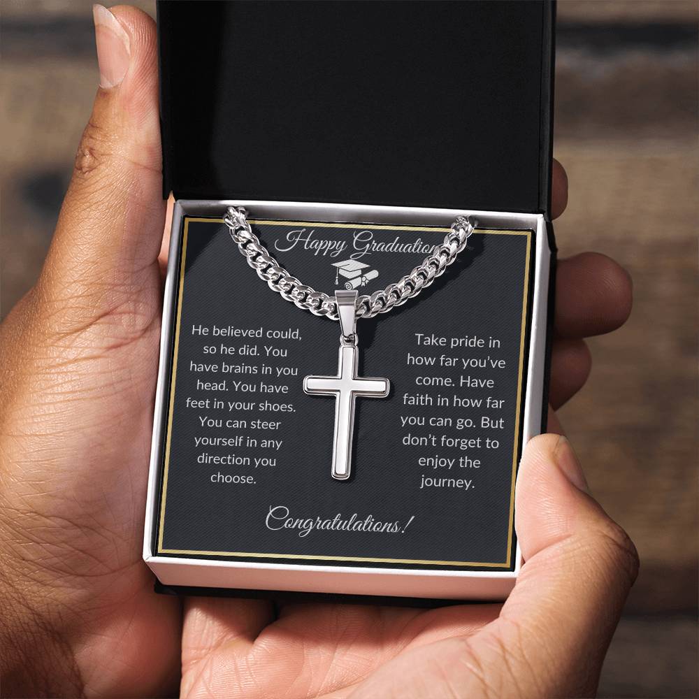 Graduation Gift: Cuban Link Chain with  Artisan Cross Pendant | Symbol of Faith & Achievement | Gifts for Him