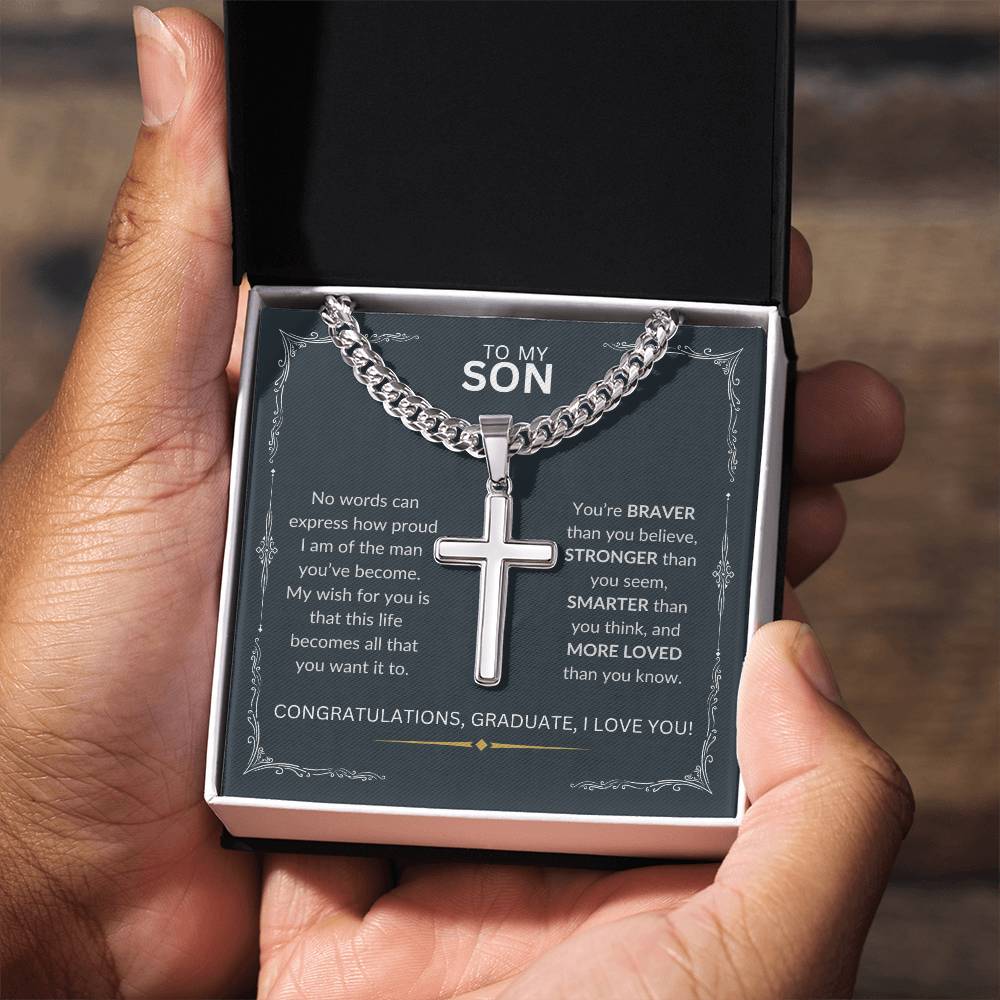 To My Son | Graduation Gift for Son | Artisan Cross Necklace on Cuban Chain | Graduation Gift for Him