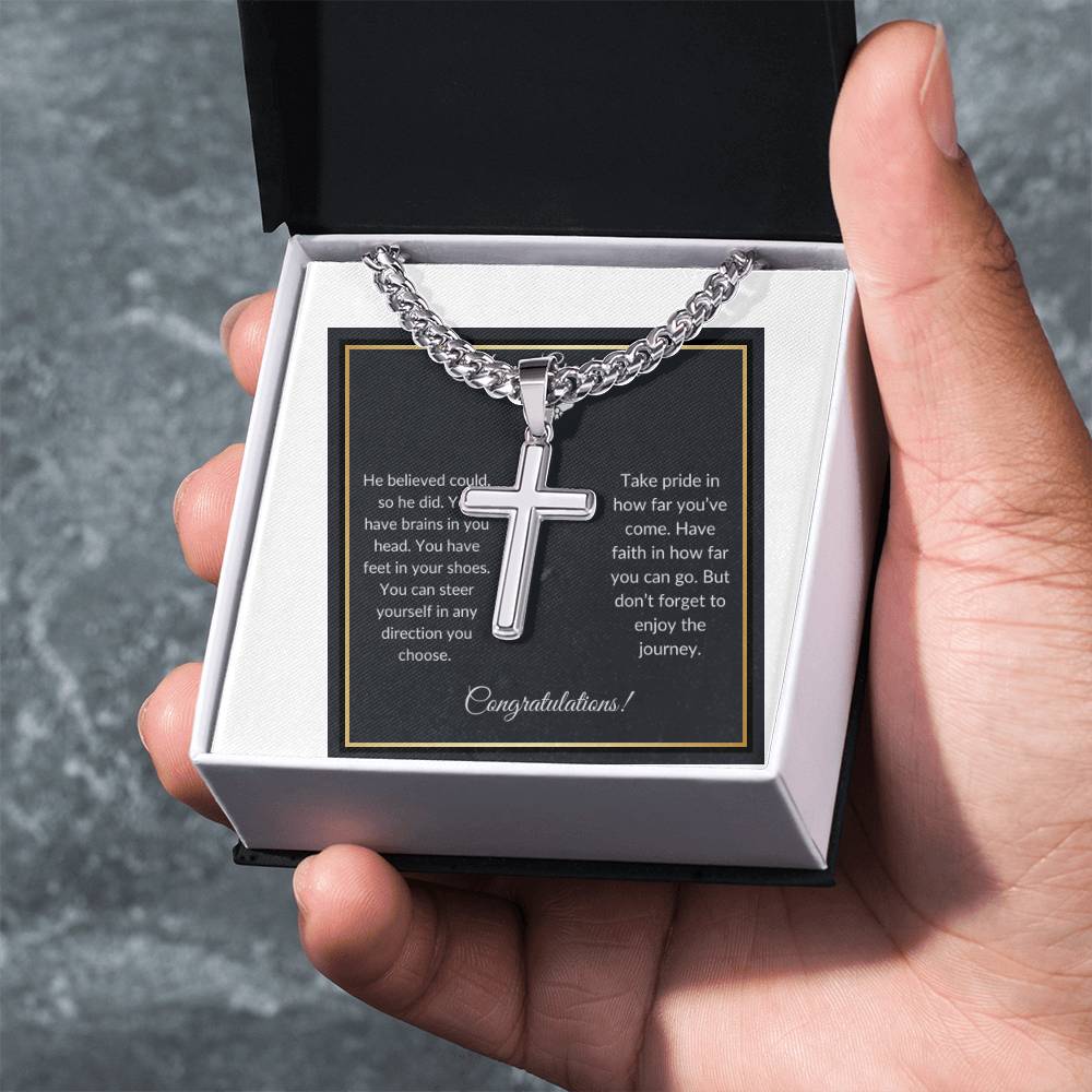 Graduation Gift: Cuban Link Chain with  Artisan Cross Pendant | Symbol of Faith & Achievement | Gifts for Him