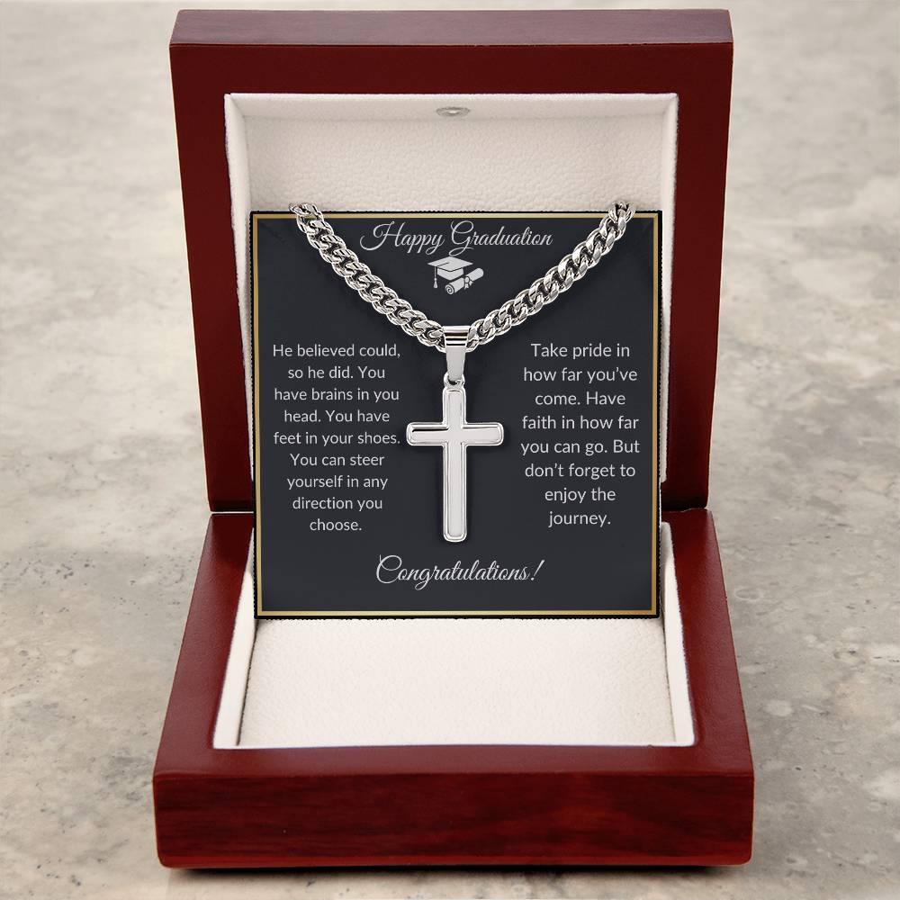 Graduation Gift: Cuban Link Chain with  Artisan Cross Pendant | Symbol of Faith & Achievement | Gifts for Him